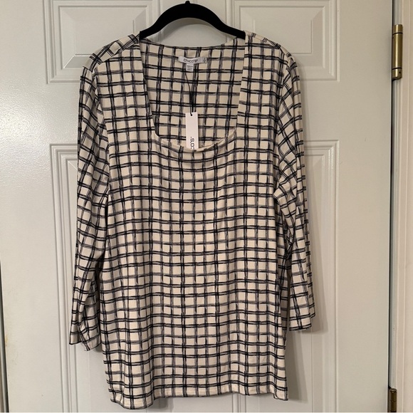 Chicos Size 3 Black & Cream Grid Pattern Square-Neck Lined Shirt, 3/4 Sleeve NWT - Picture 15 of 15